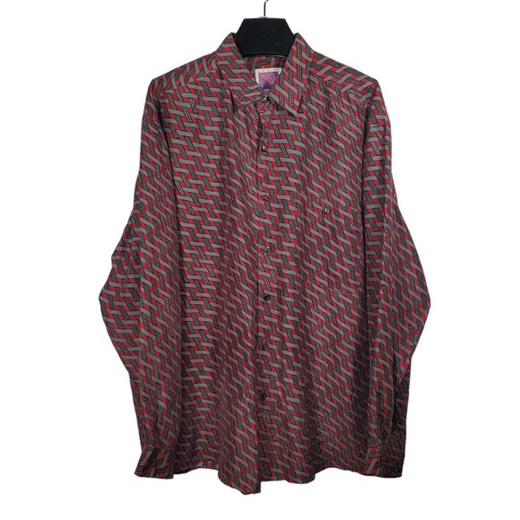 VTG Long Sleeve Button Up Shirt Silk Wearable Art Woven Geometric Stripe Dots - Picture 1 of 5